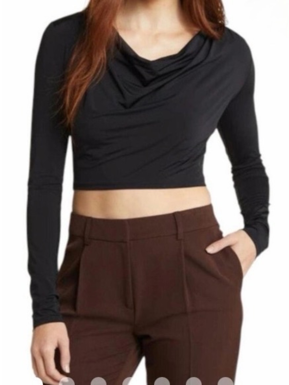 Open Edit Cowl Neck Long Sleeve Crop Top Black Medium Nordstrom NWT
